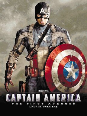 Cartelera de cine. Capitán América. Steve Rogers es inspirado para enlistarse en el ejército. Sin embargo, debido a su fragilidad y enfermedades, fue rechazado.