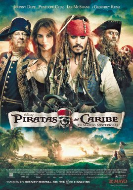 Cartelera de cine. Piratas del caribe 3D. El Capitán Jack Sparrow se cruza con una mujer de su pasado y no está seguro de si lo que ocurre ahora entre ellos es amor.
