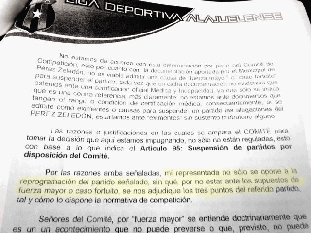  Unafut no valoró partes médicos. Gilberth Fernández, presidente del Pérez Zeledón, presentó el documento donde Alajuela pide los puntos del juego. 