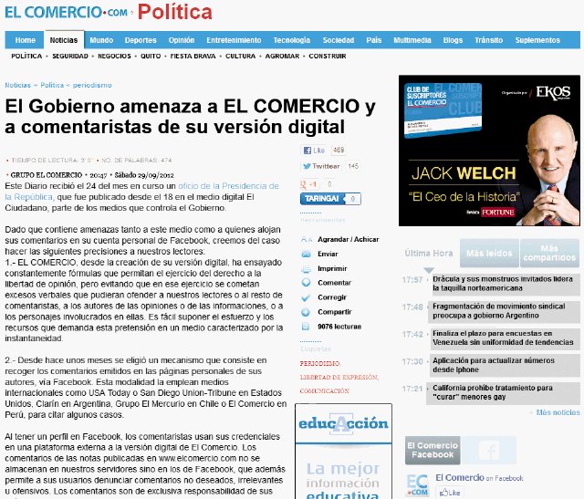 El Comercio suspende comentarios en su sitio web. En su web.elcomercio.com